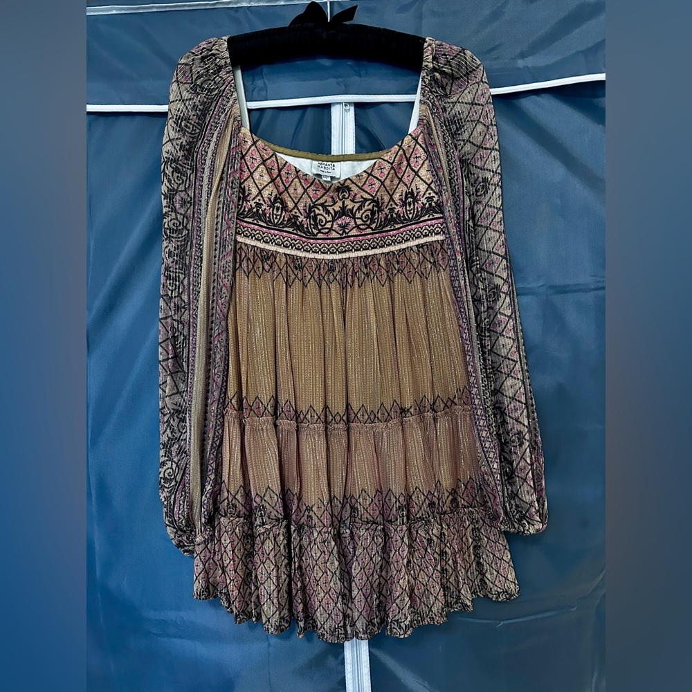 HEMANT & NANDITA Noor Tiered Mini Dress Boho Print Balloon Sleeve, Size S - Picture 10 of 11